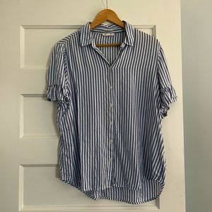 Blue Striped frilled arm short sleeve button up